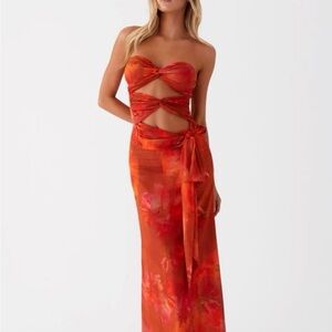 Peppermayo Strapless Red and Orange Cutout skirt top set